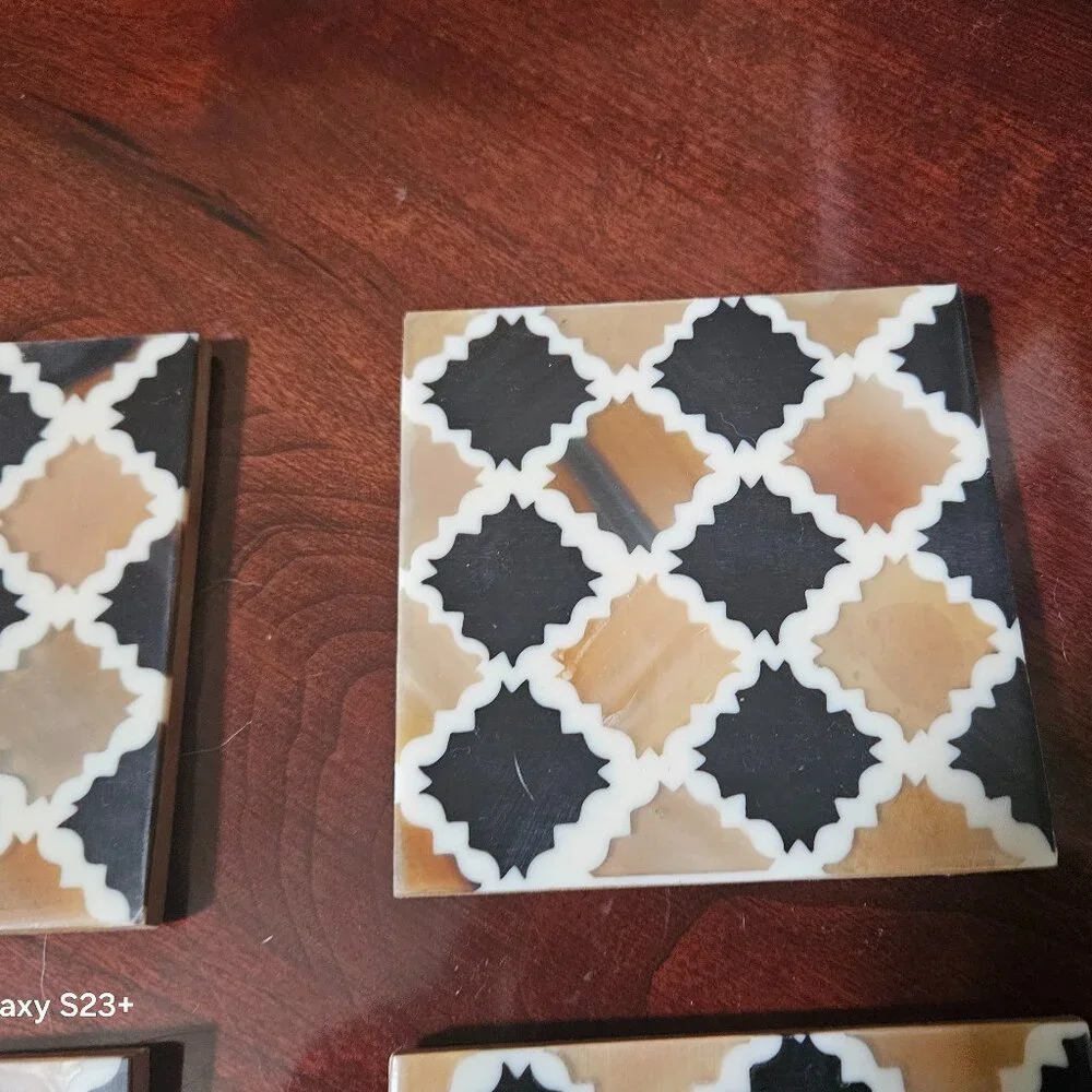 4 MODERN MY MELA BONE INLAID BLACK BEIGE BAR DRINK WOOD COASTERS MADE IN INDIA